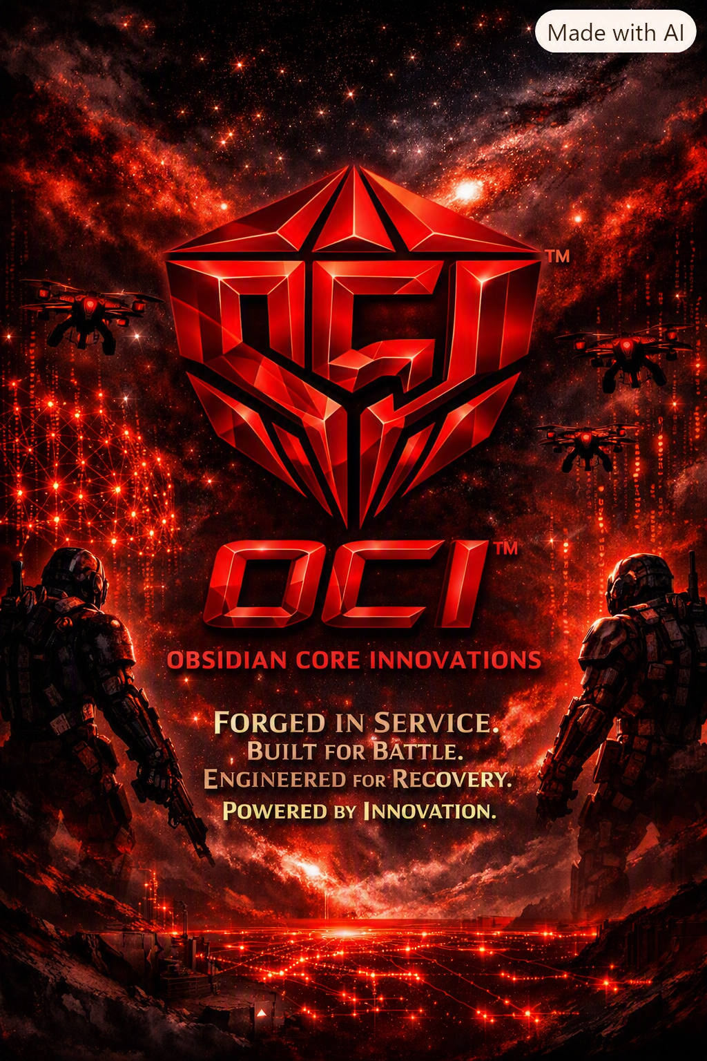 Cinematic Obsidian Core Innovations emblem with the four brand pillars, drones, and warfighters